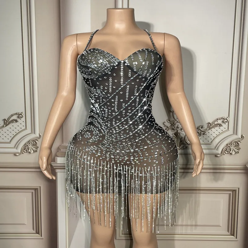 Vestido Mini Sexy Transparente de Algodón con Strass y Flecos Lujo Brillante Bronceado Borla Bodycon Vestido para Escenario