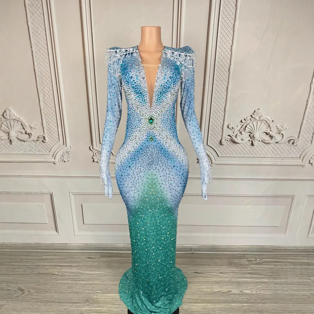 Abito da Donna Lussuoso Sfumato a Sirena Scollo a V Manica Lunga Strass Paillettes Abito da Sera per Feste Palcoscenico Senza Schienale Top And Bottom Abito