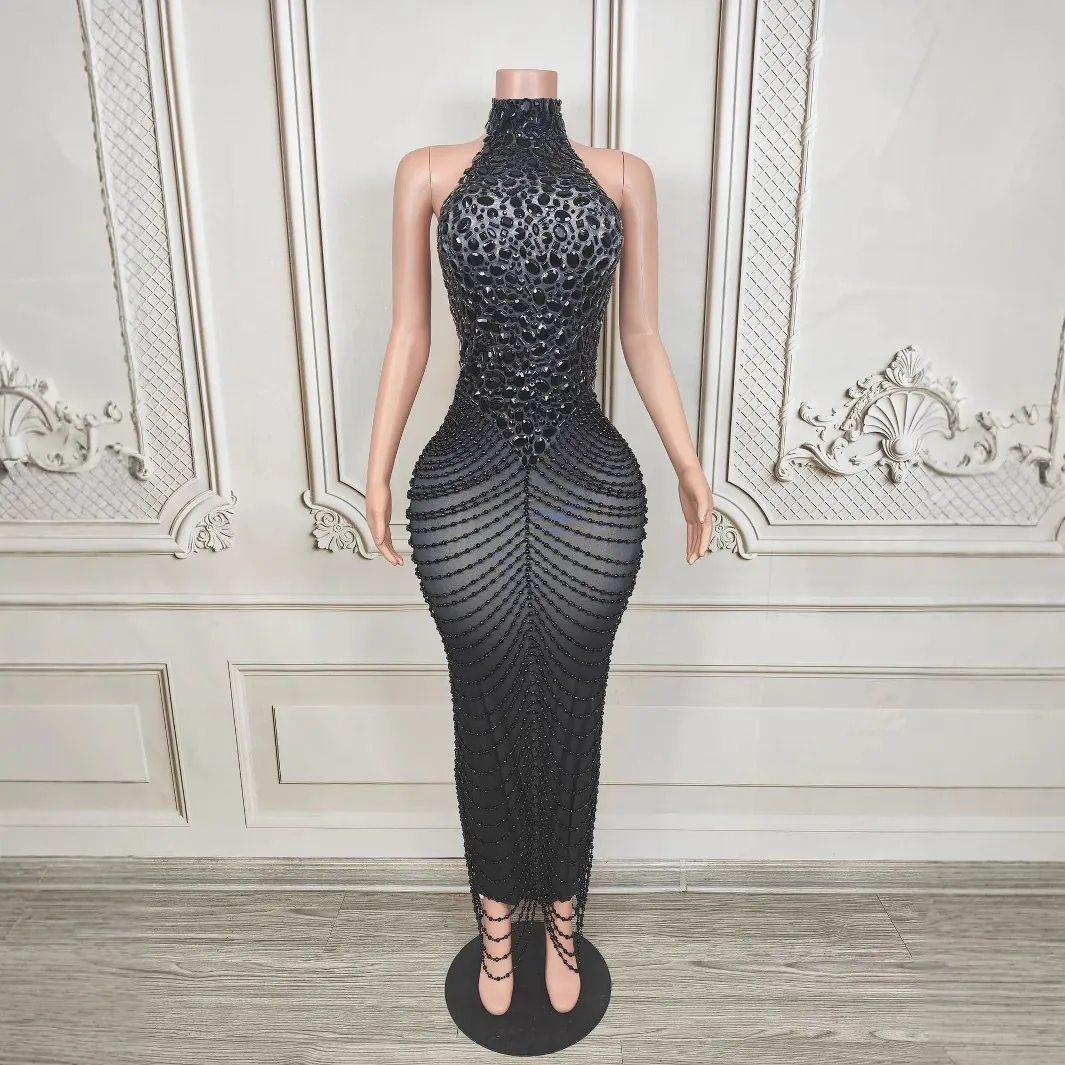 Luxury Black Halter Dress Rhinestone Chain Embellished Women Sexy Backless Slim Fit Maxi Gown For Party Stage Performance