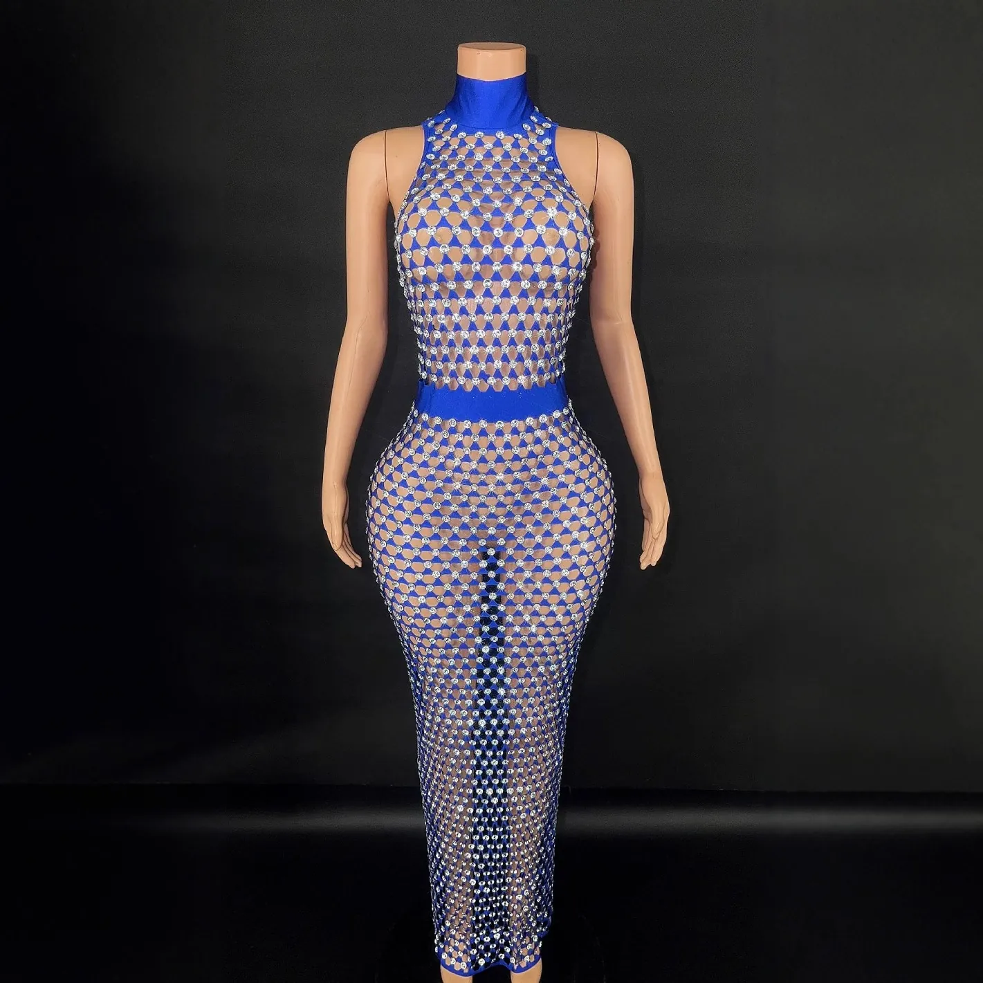 Abito Lungo Sexy da Donna Blu Con Strass Mesh Trasparente Collo Alto Senza Maniche per Festa di Compleanno Spettacolo Costume