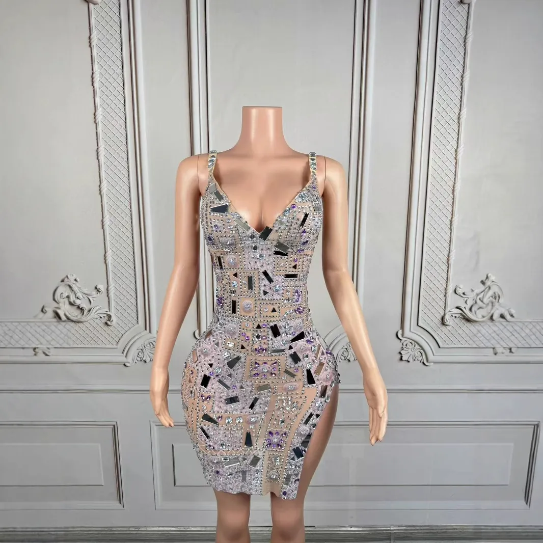 New Women Sexy V Neck Sleeveless Rhinestone Mirror Lens Side Slit Elastic Mini Dress Birthday Party Performance Stage Outfit