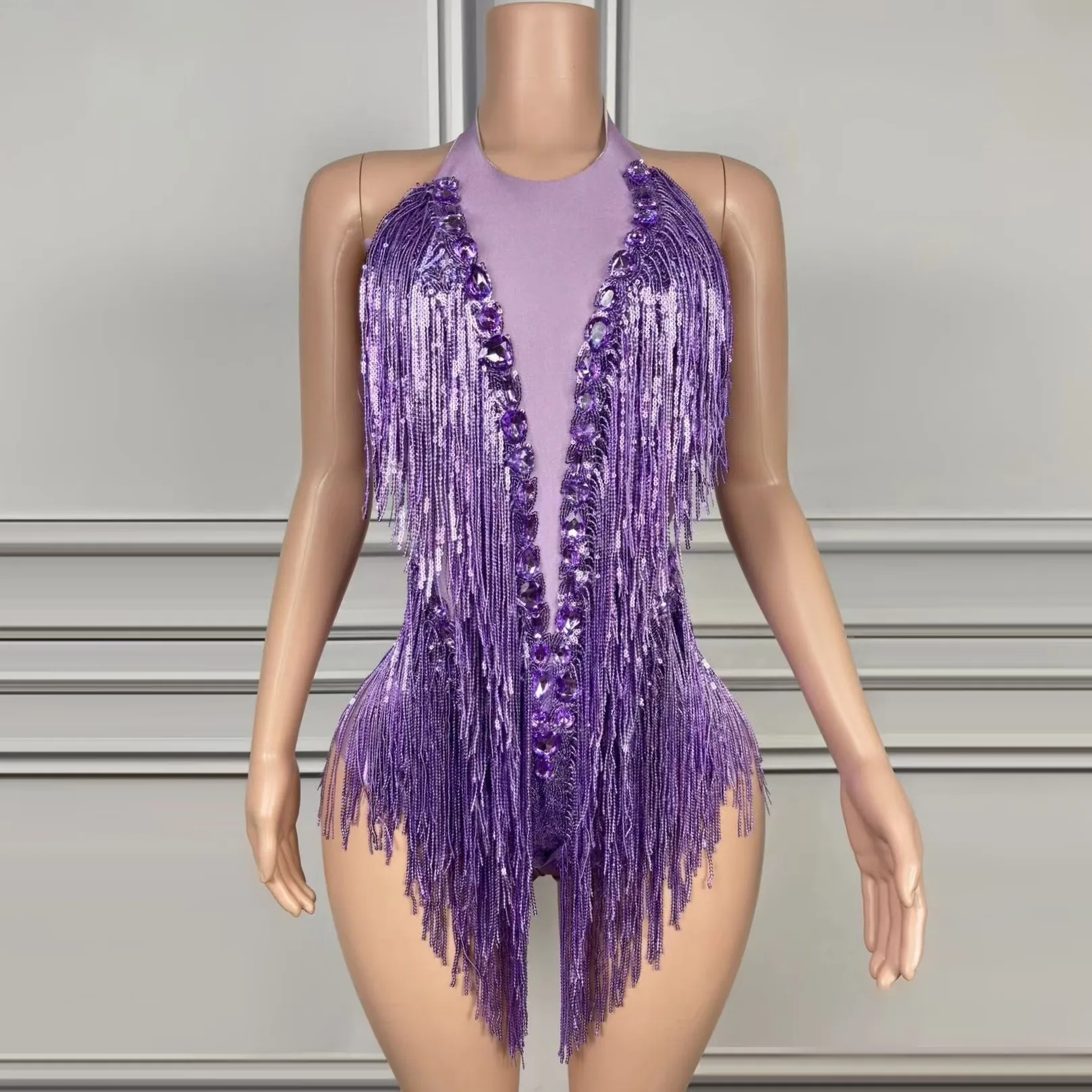Women Sexy Rhinestone Fringe Bodysuit Halter Backless Mesh Sequin Top And Bottom For Stage Performance Party Clubwear