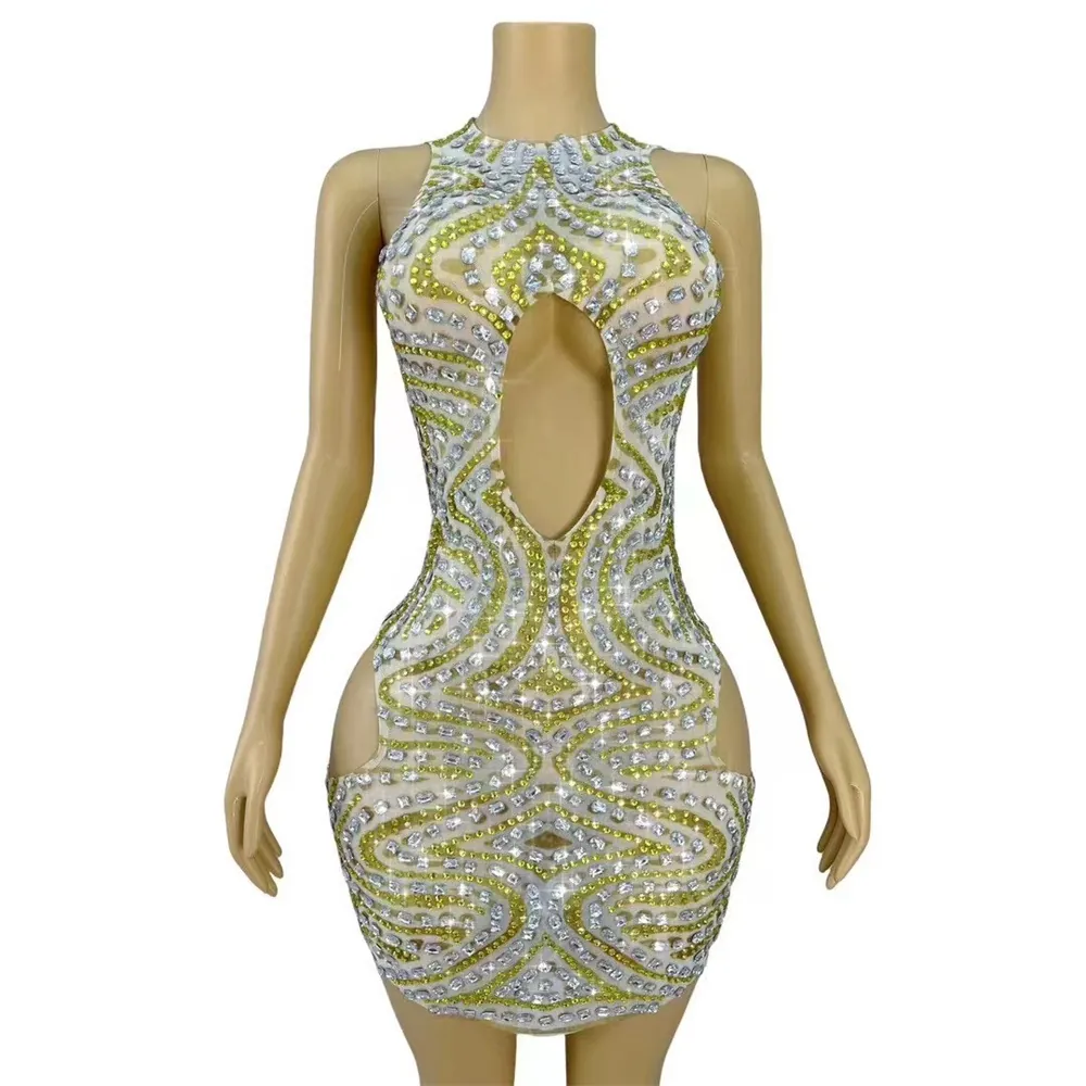 Women Sexy Rhinestone Mesh Sheer Hollow Out Mini Dress Gold Silver Sparkling Bodycon Birthday Cocktail Party Stage Performance Dress