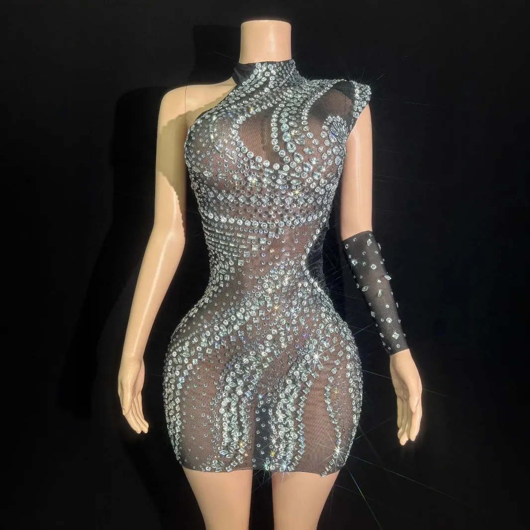 Sexy Damen Ein Schulter Strass Netz Kleid Schwarz Durchsichtig Bühne Outfit Mit Einzelnem Ärmel Party Mini Kleid