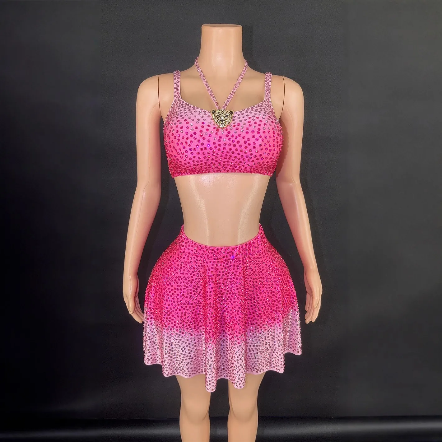 Women Sexy Rhinestone Top And Bottom Skirt Set Gradient Backless V Neck Party Stage Outfit Leopard Pendant Slim Fit Clubwear