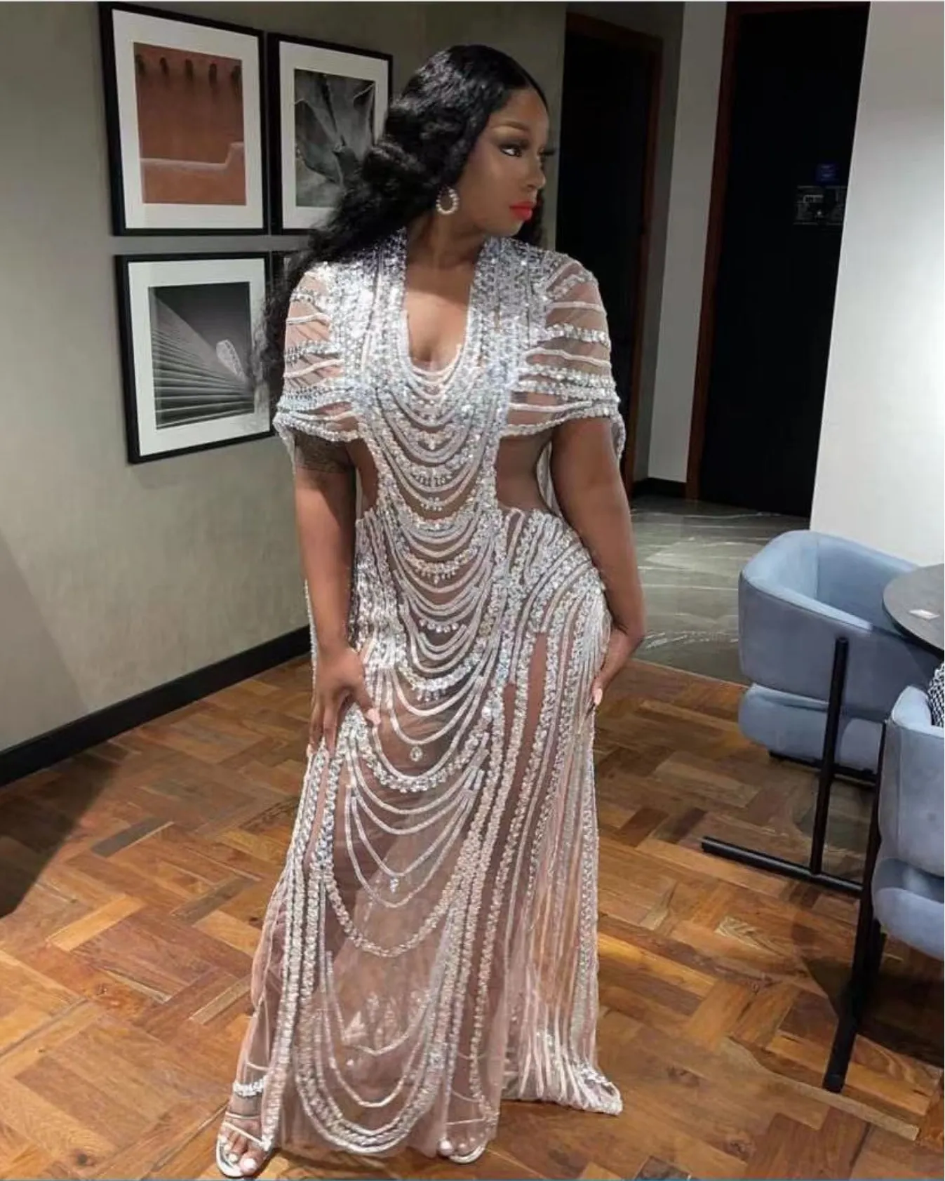 Sexy Transparent Mesh Bodycon Dress For Women Elegant Cape Sleeve Rhinestone Birthday Party Banquet Evening Gown Dress