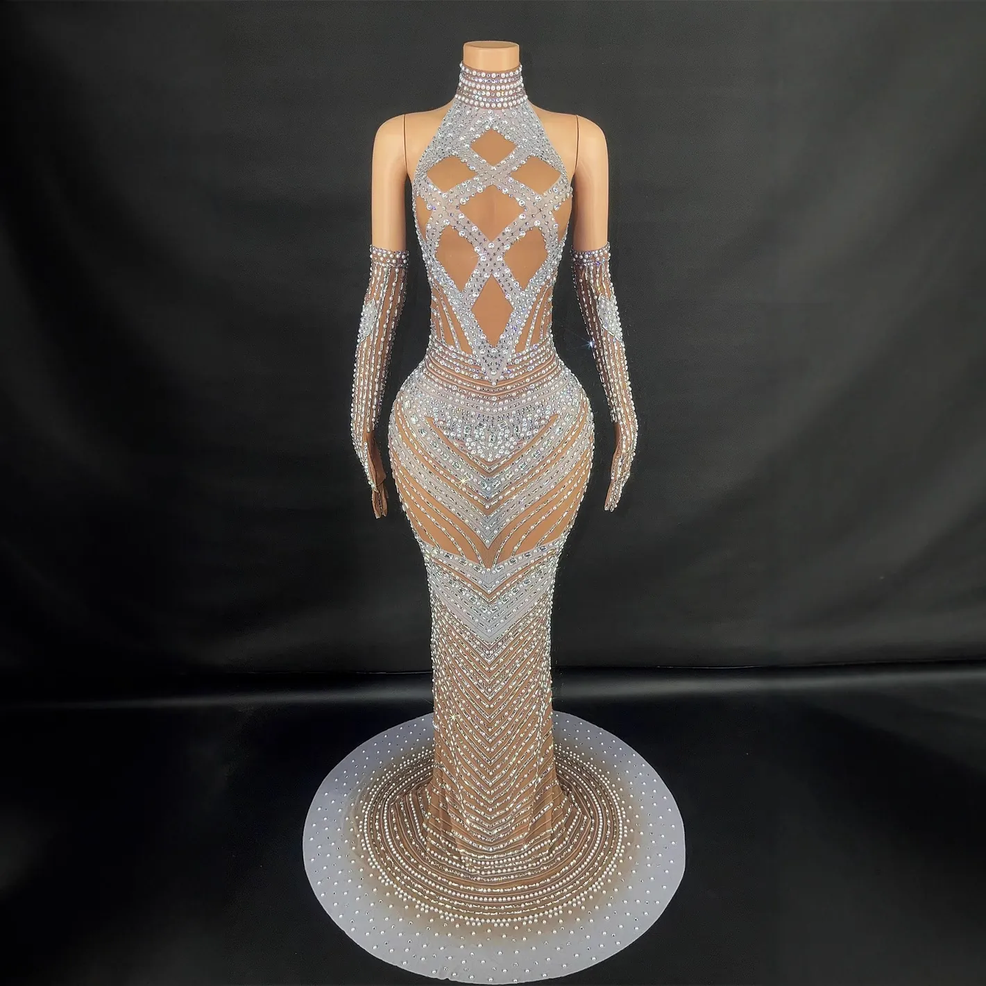Vestido de Noche Halter con Strass para Mujer Vestido Largo Elegante con Guantes a Juego para Fiesta Banquete Boda