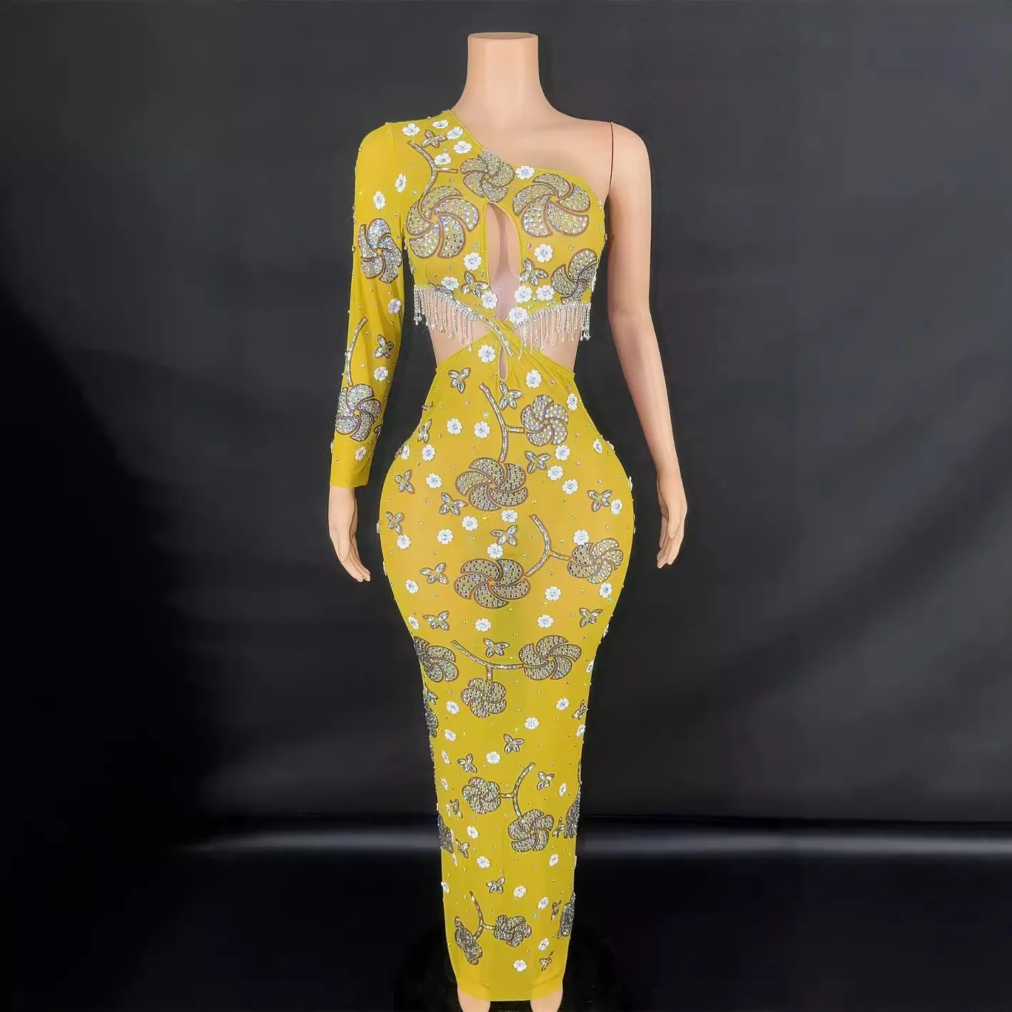 Femme Élégante Une Épaule Manches Longues Robe de Soirée Strass Gland Sexy Banquet Fête Performance Tapis Rouge Gown Top And Bottom