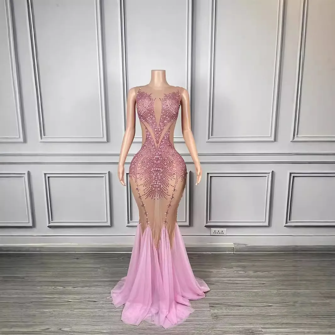 Women Deep V Fishtail Slim Sequin Rhinestone Long Dress Stage Performance Drag Queen Red Carpet Gown With Cape