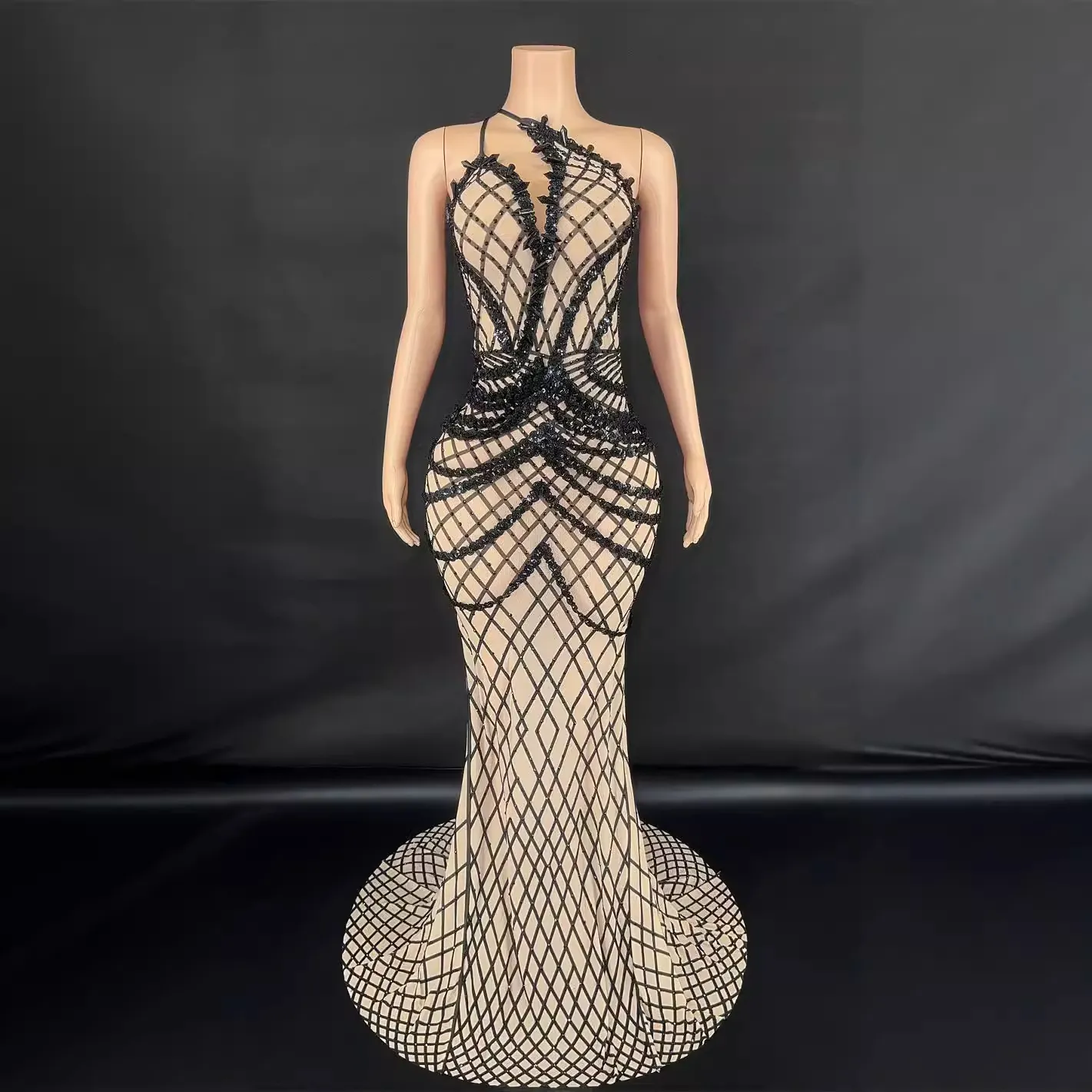 Damen Sexy Ein-Schulter Rückenfrei Strass Bodenlang Kleid Slim Fit Ärmellos Geometrisches Gitter Ball Abendkleid
