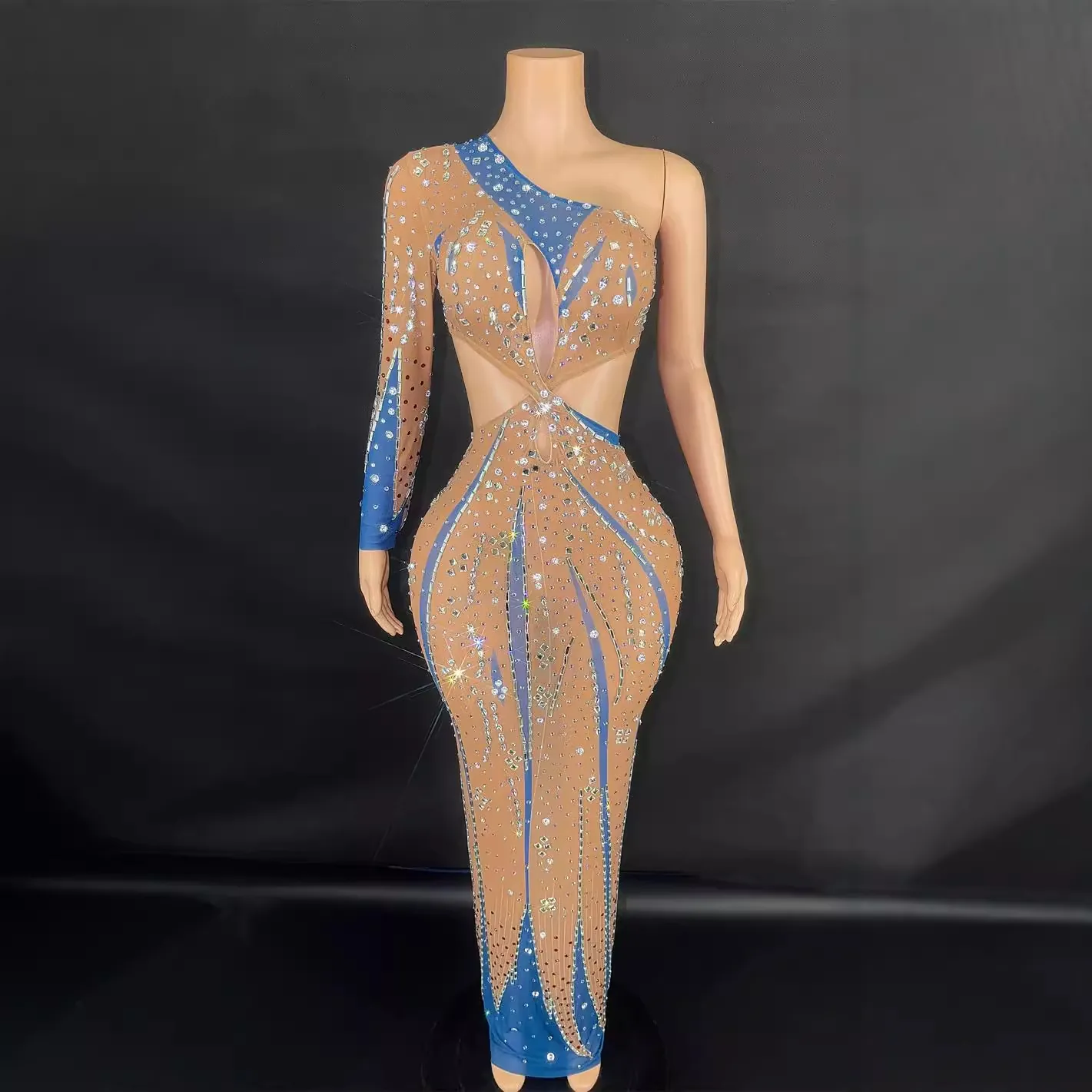 Sexy Damen Ein Schulter Langarm Strass Hohl Aus Maxi Kleid Elegant Körperbetont Party Abendkleid Nachtclub Bühne Kleid