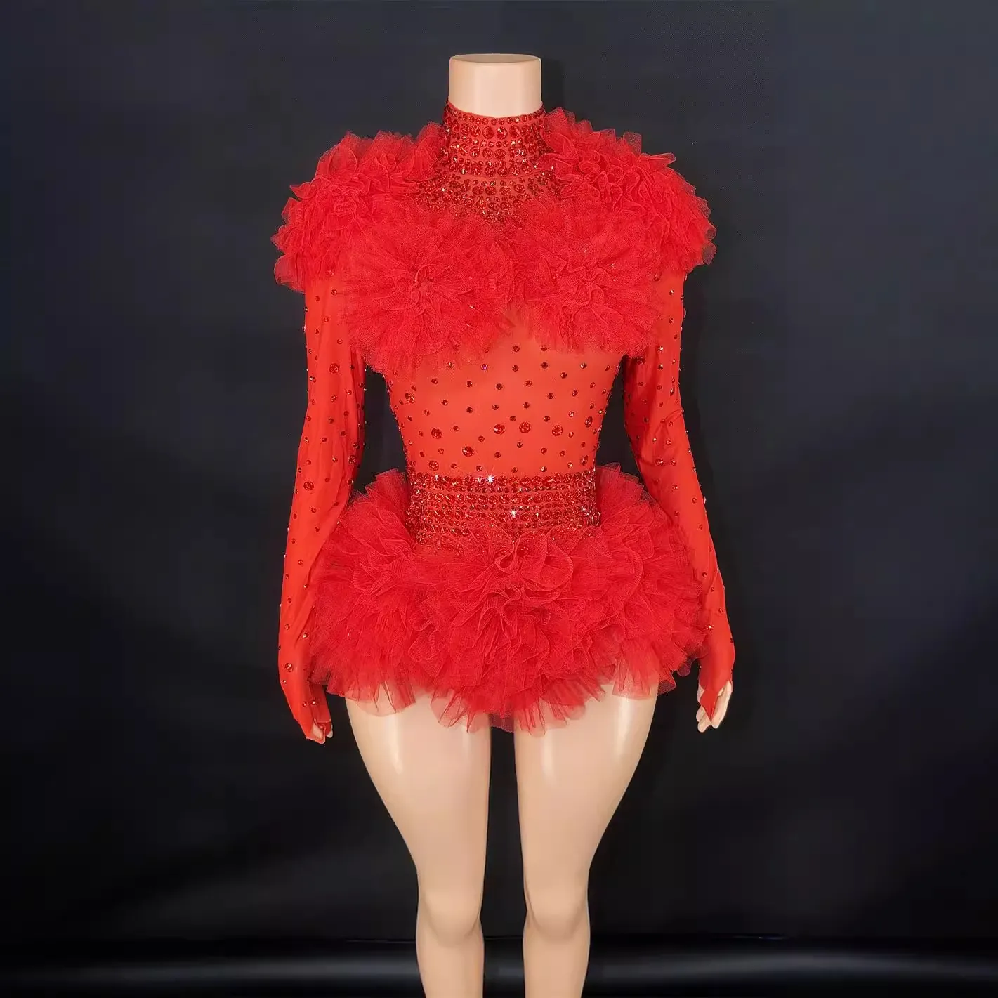 Women Glamorous Rhinestone Tulle Romper Bodysuit High Neck Long Sleeve Mesh Patchwork Sexy Stage Performance Outfit Top And Bottom