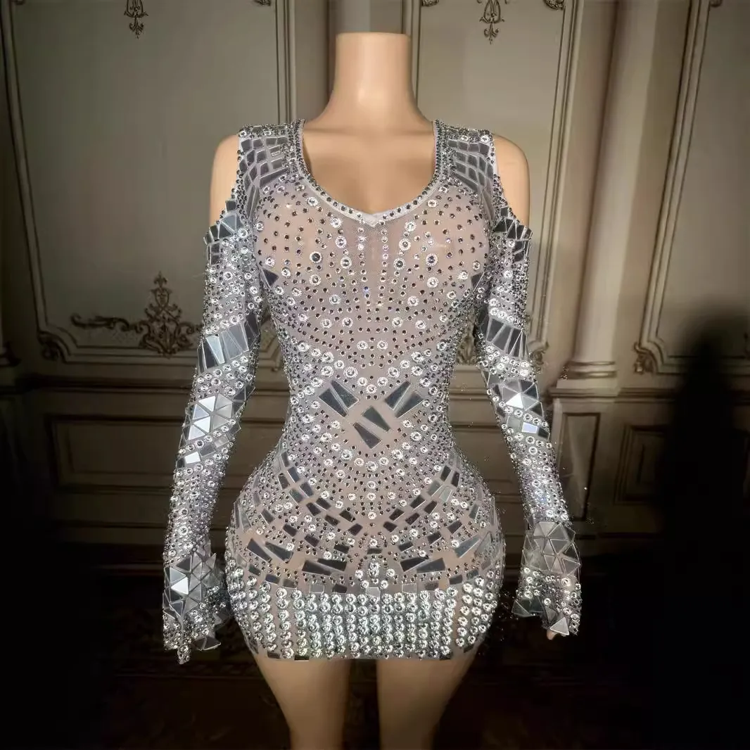 Abito da Donna Mini Bodycon con Paillettes Scollo a V Profondo Strass Specchio Spalle Scoperte Manica Lunga Sexy Club Performance