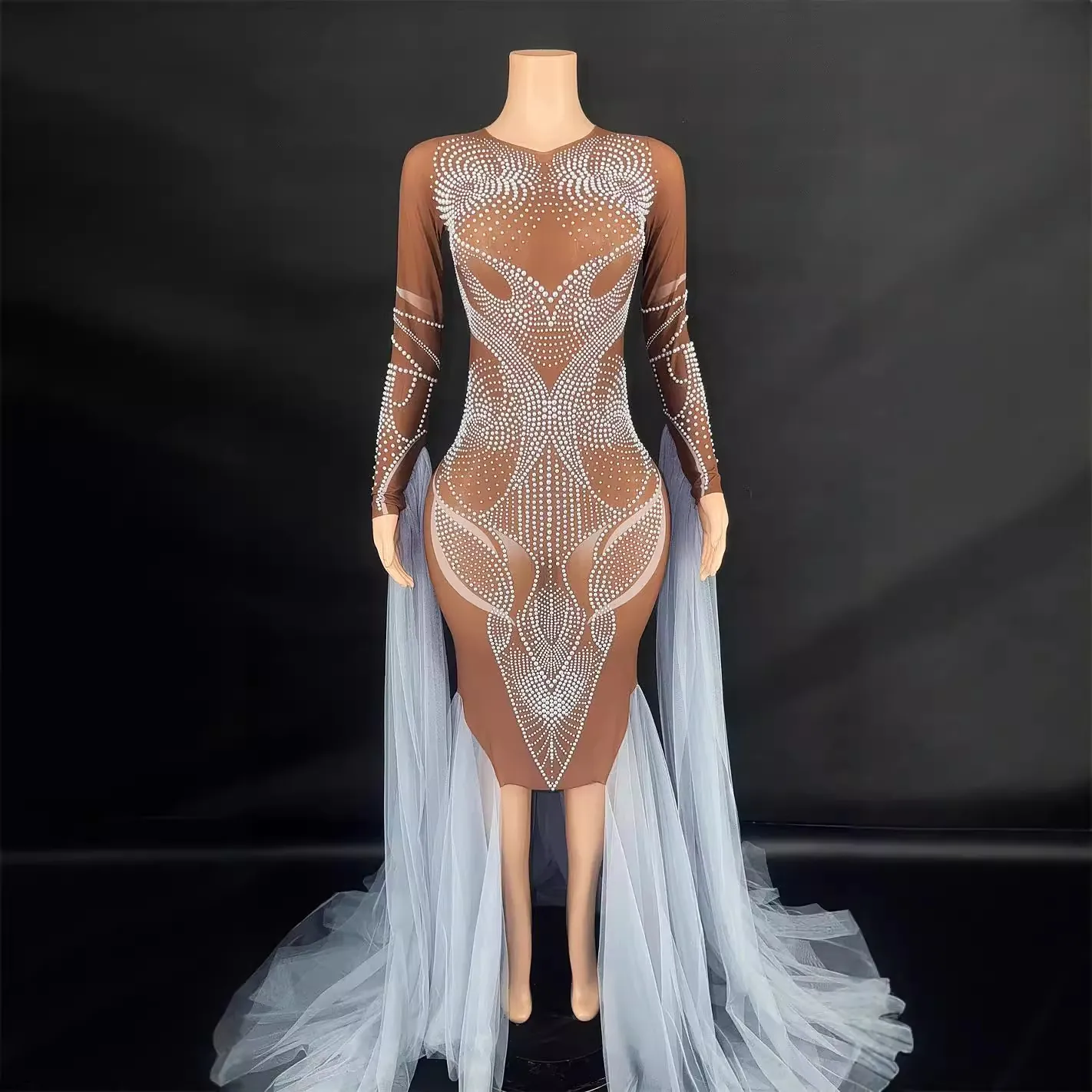 Elegant Polyester Rhinestone Stage Performance Dress Long Sleeve Tulle Tail Patchwork Banquet Party Evening Gown For Women