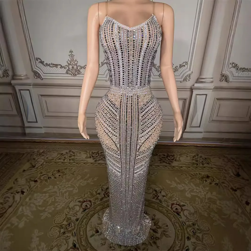 Vestido de Noche de Lujo para Mujer con Diamantes de Imitación de Pesado Corte Ajustado Sexy Tirantes Finos Malla Banquete Fiesta Actuación Vestido Largo