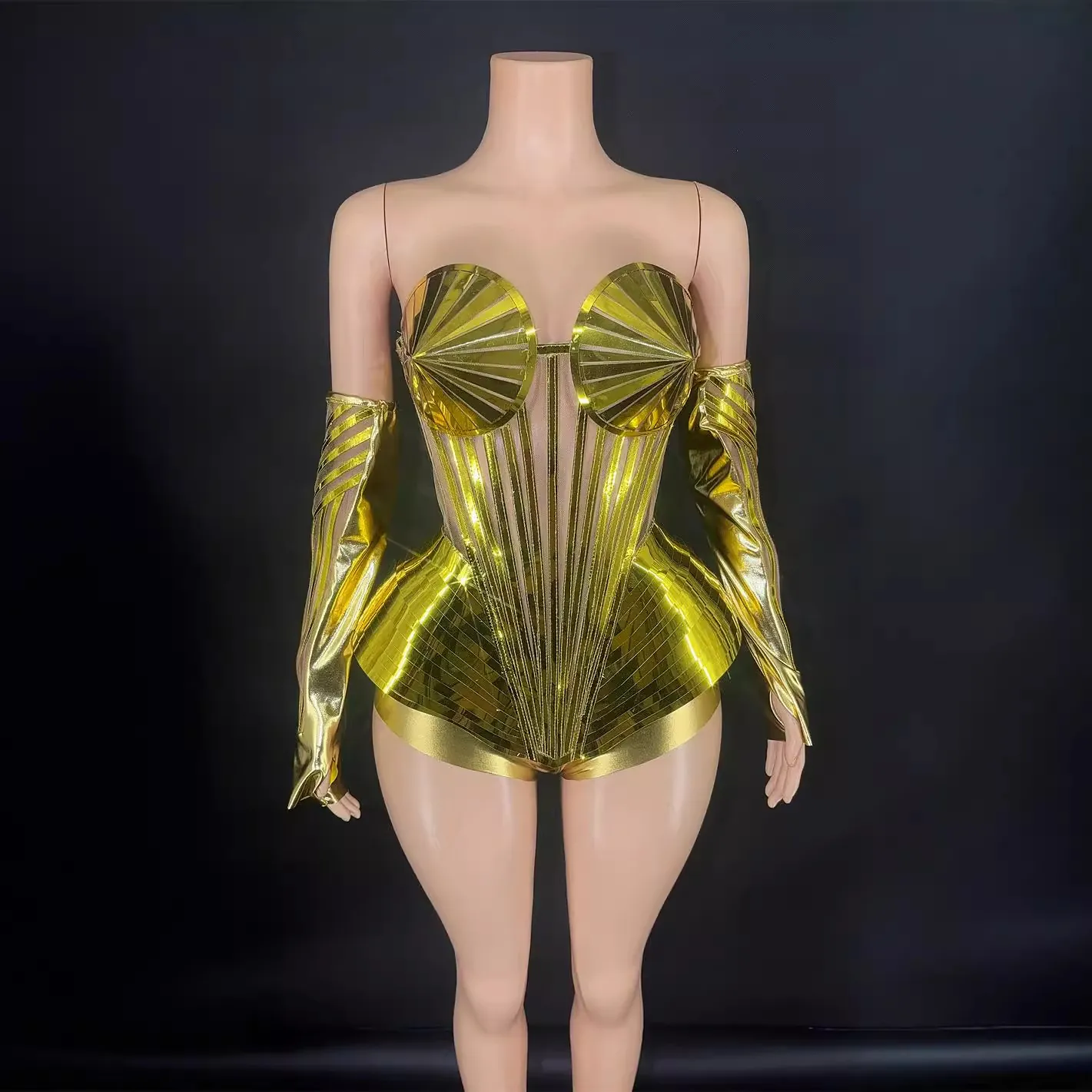 Robe Combinaison Miroir Dorée pour Femmes Avec Manches Métallique Polyester Tenue de Scène Top And Bottom Clubwear