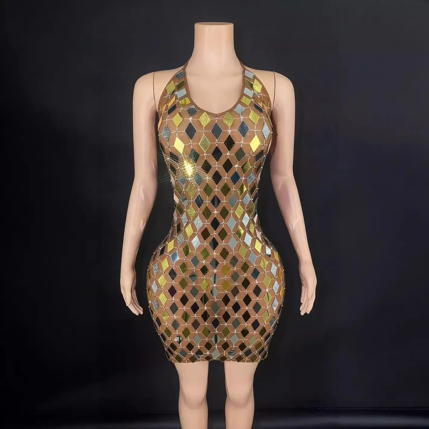 Vestido Mini de Mujer con Lentejuelas y Espejos Cuello Halter Vestido Ajustado de Fiesta con Strass para Actuación en Escenario