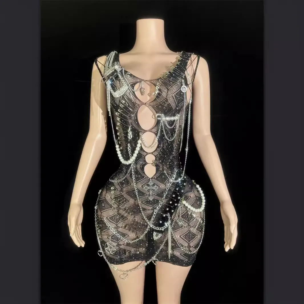Women's Sexy Backless Sleeveless Mesh Mini Dress Punk Gothic Bodycon Dress with Metal Chains Artificial Pearls and Safety Pins
