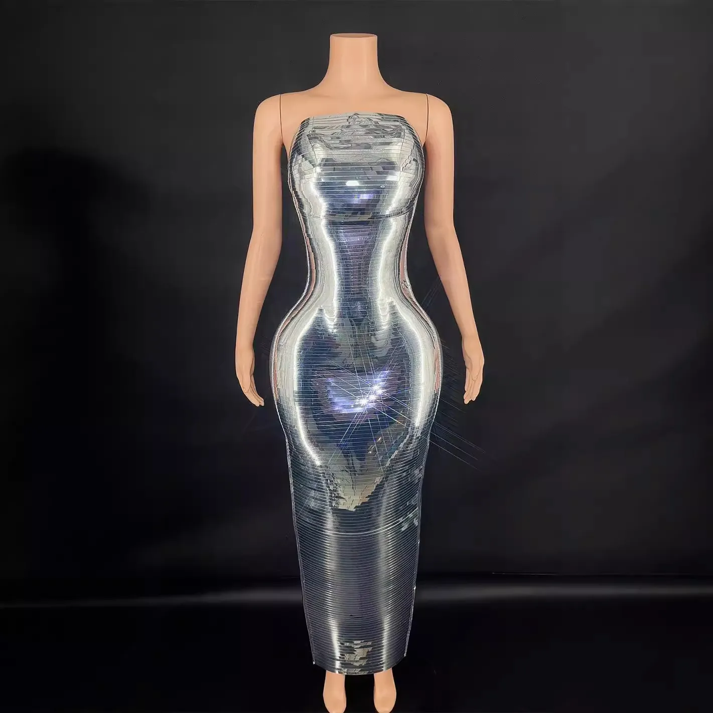 Damen Sexy Glänzend Silber Metallic Langes Kleid Schulterfrei Bodycon Meerjungfrau Partykleid Elegant Bankett Abendkleid Polyester Vestido