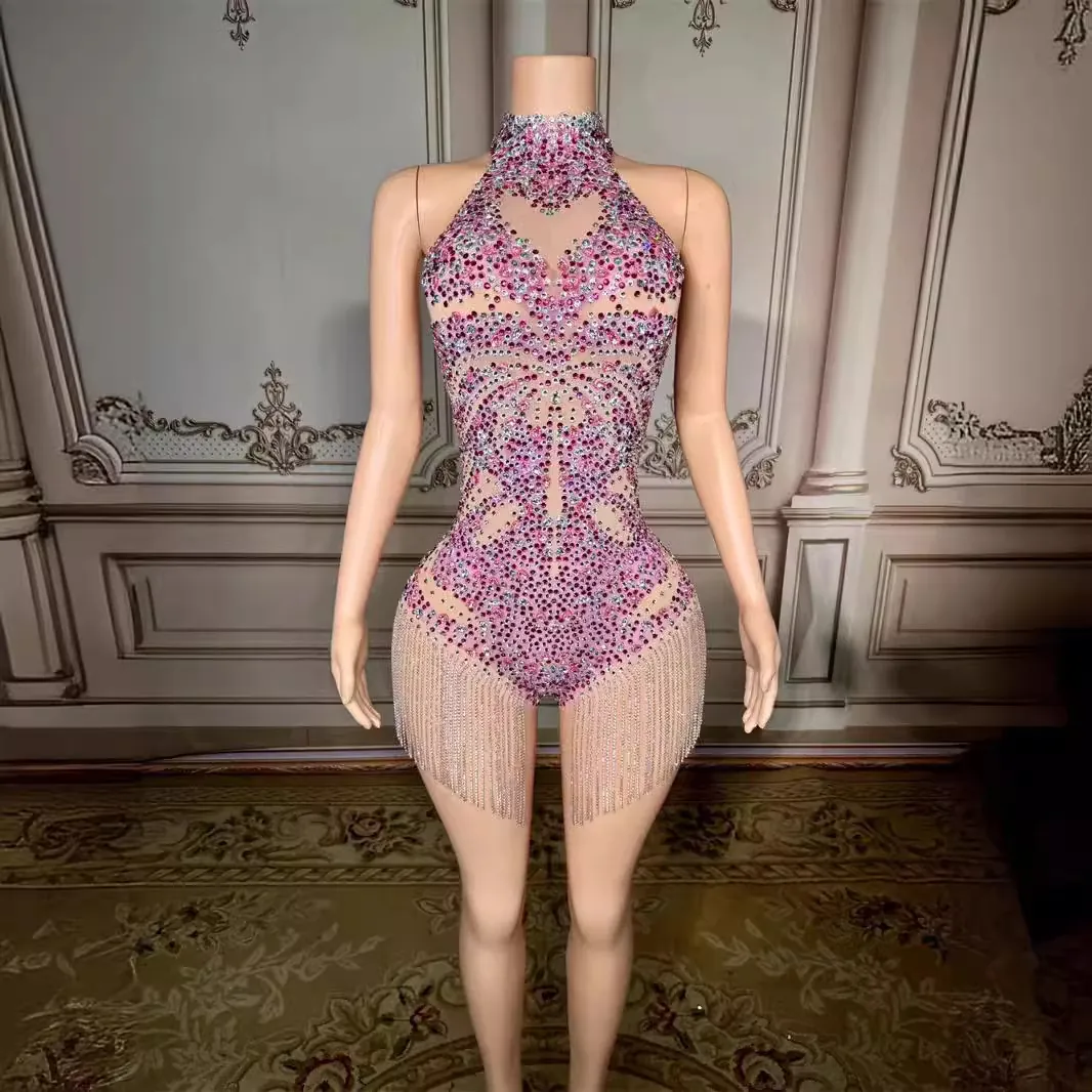 Damen Neckholder Rückenfrei Ärmellos Strass Fransen Quaste Minikleid Elegant Bodycon Nachtclub Party Bühne Performance Kleid