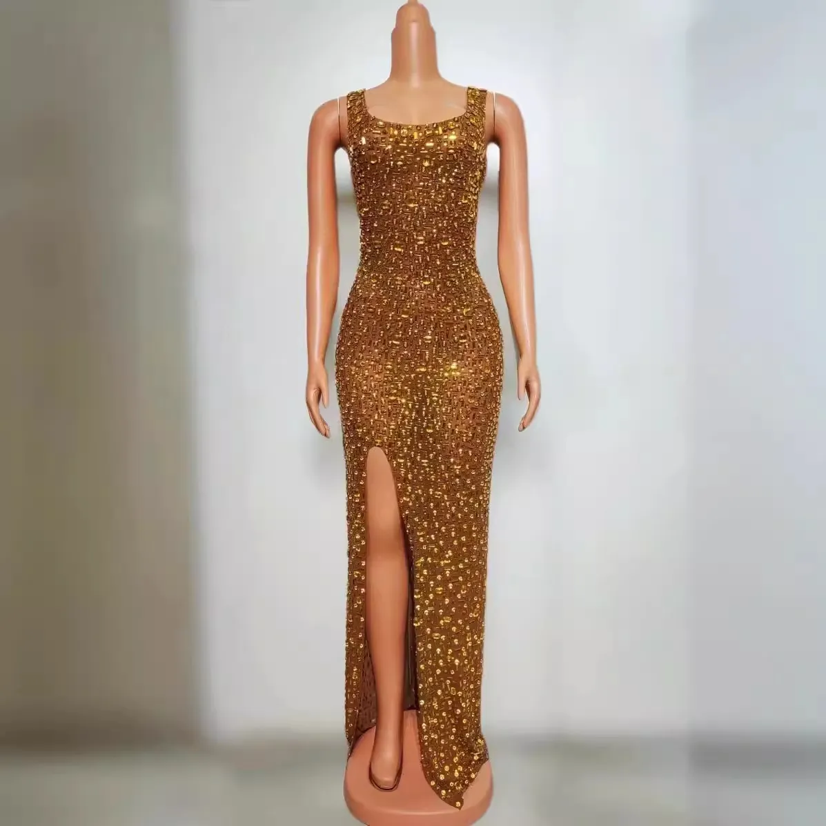 Women Luxurious Rhinestone Halter Backless Evening Dress Elegant Slim Fit Split Maxi Gown For Banquet Party Wedding