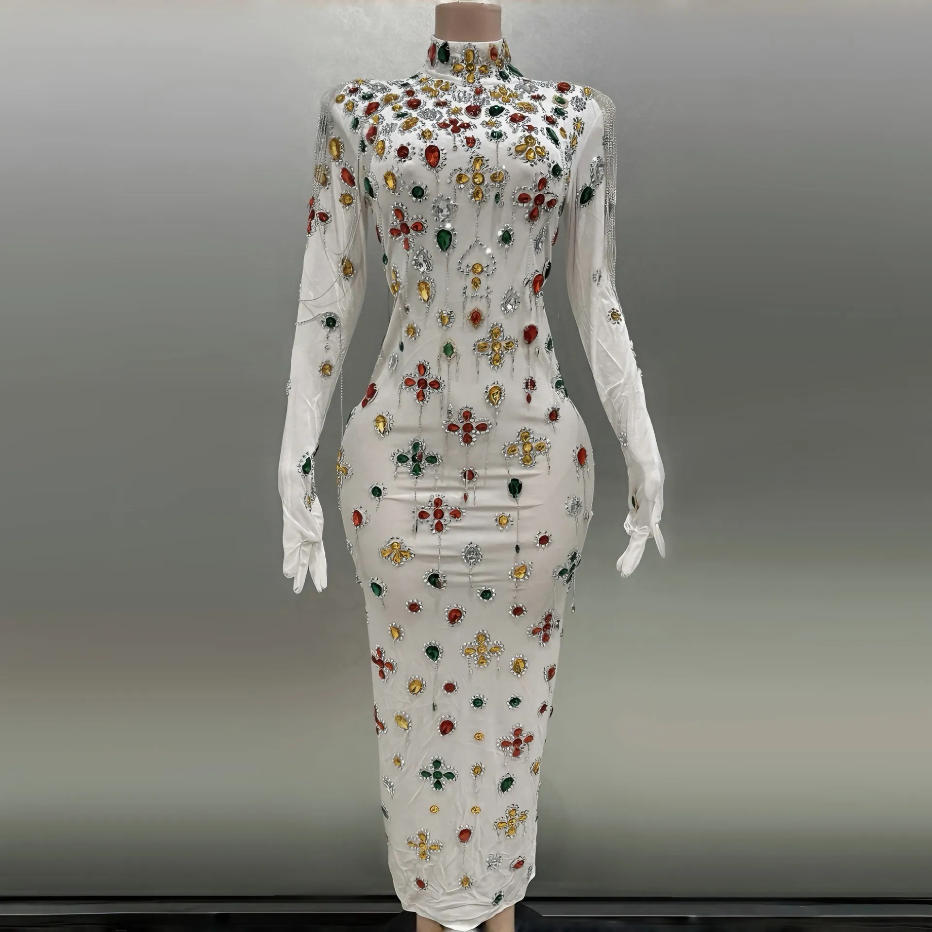 Women Elegant White Rhinestone Fringe Maxi Dress Half High Neck Long Sleeve With Integrated Gloves Bodycon Performance Evening Gown