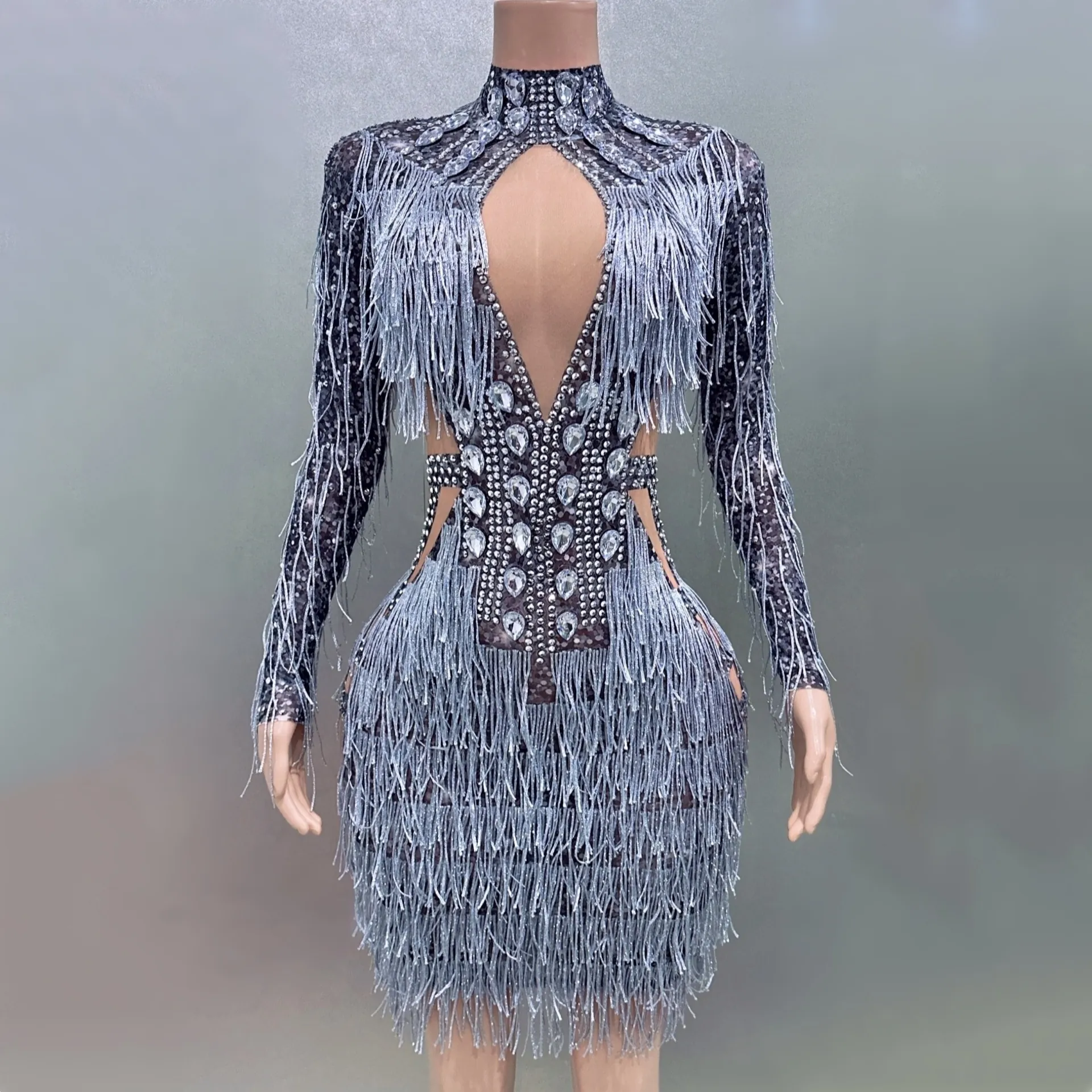 Abito Mini Bodycon Sexy Grigio Argento da Donna con Strass e Nappine Manica Lunga per Palcoscenico Festa Sera