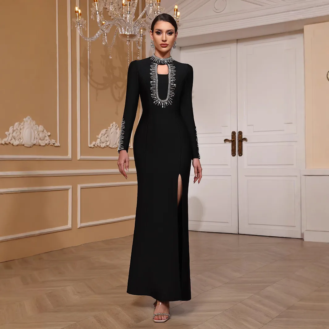 Women Black Long Sleeve Maxi Dress Heavy Beadwork High Split Bandage Slim Fit Elegant Evening Party Ball Gown Dress
