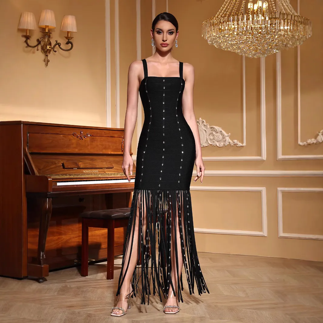 Women Sexy Bandage Maxi Dress Rhinestone Tassel High Slit Cami Evening Dress Party Slim Fit Back Zip Nightclub Dress