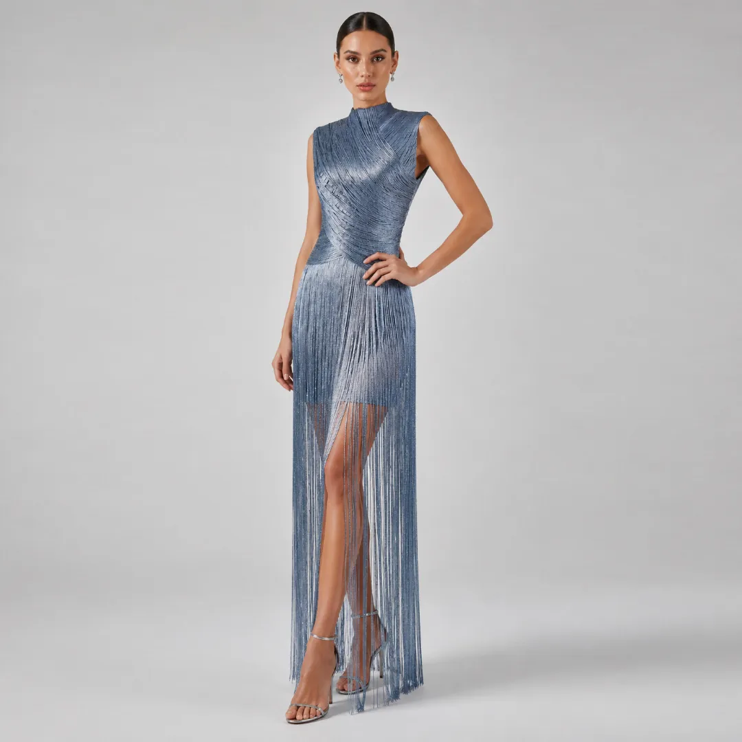 Sleeveless Silver Thread Tassel Bandage Dress Women Slim Fit Evening Gown For Banquet Party Wedding Top And Bottom