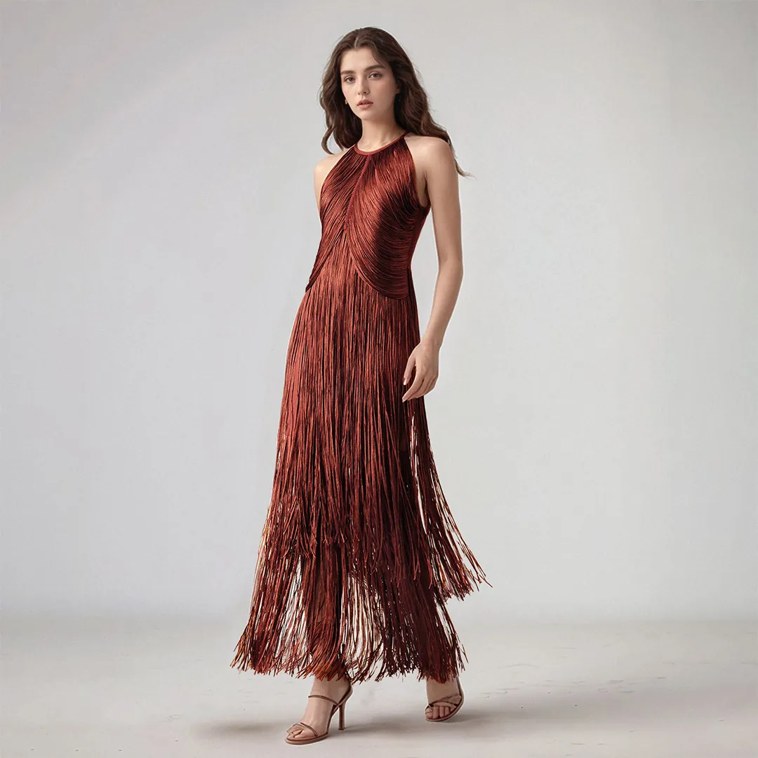 Women's Sexy Halter Sleeveless Fringe Bandage Dress Slim Fit Patchwork Waist Hugging Party Banquet Stage Performance Formal Gown