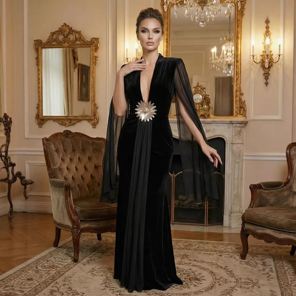 Vestido Maxi Sexy para Mujer Cuello en V Espalda Descubierta Malla Transparente Manga Larga Elegante Vestido de Fiesta Banquete Boda Negro