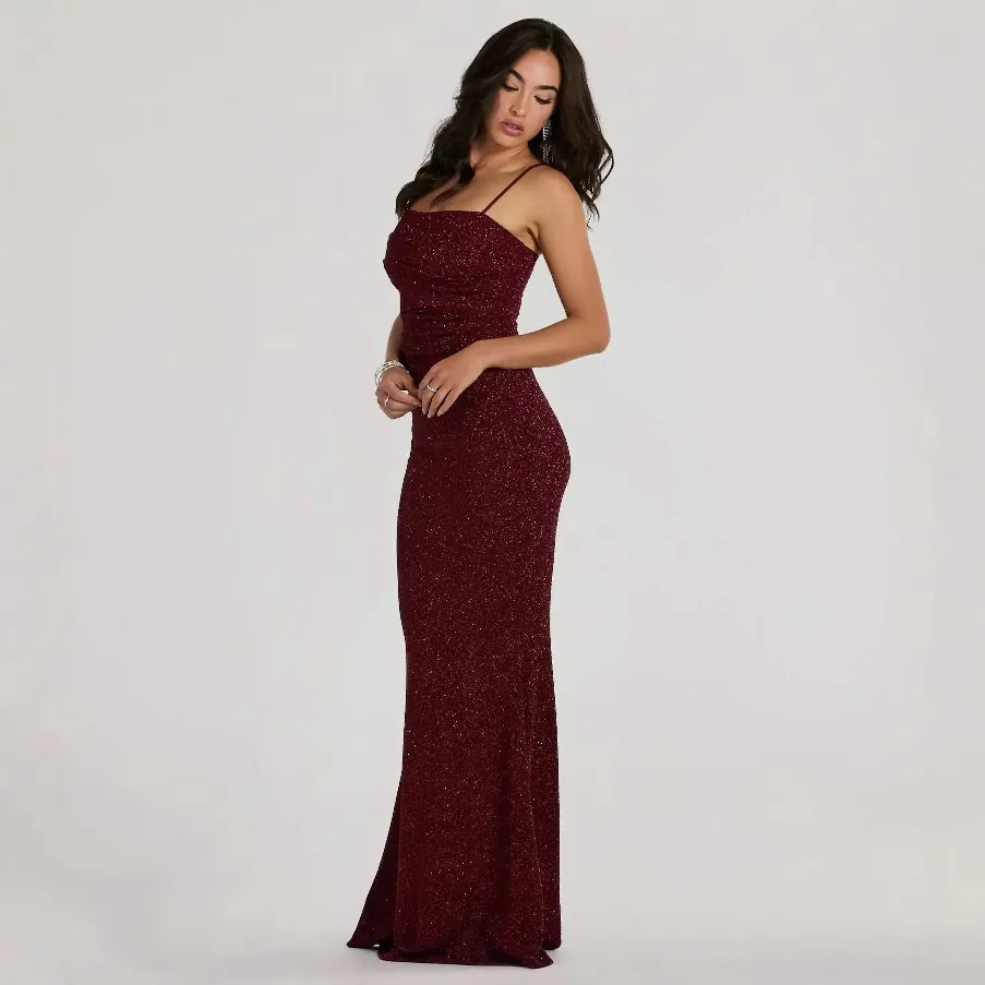 Robe Longue Sexy pour Femmes en Soie Dorée à Bretelles Coupe Slim Sirène Pailletée pour Fête Banquet Club
