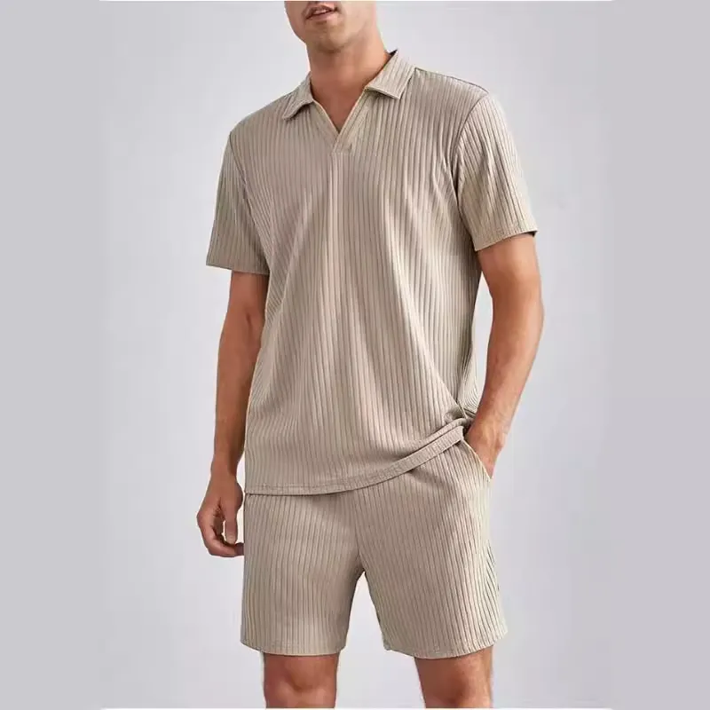 Completo Top E Bottom Polo Casual A Costine E Pantaloncini Da Uomo Moda Estiva A Maniche Corte Tuta In Maglia A Costine