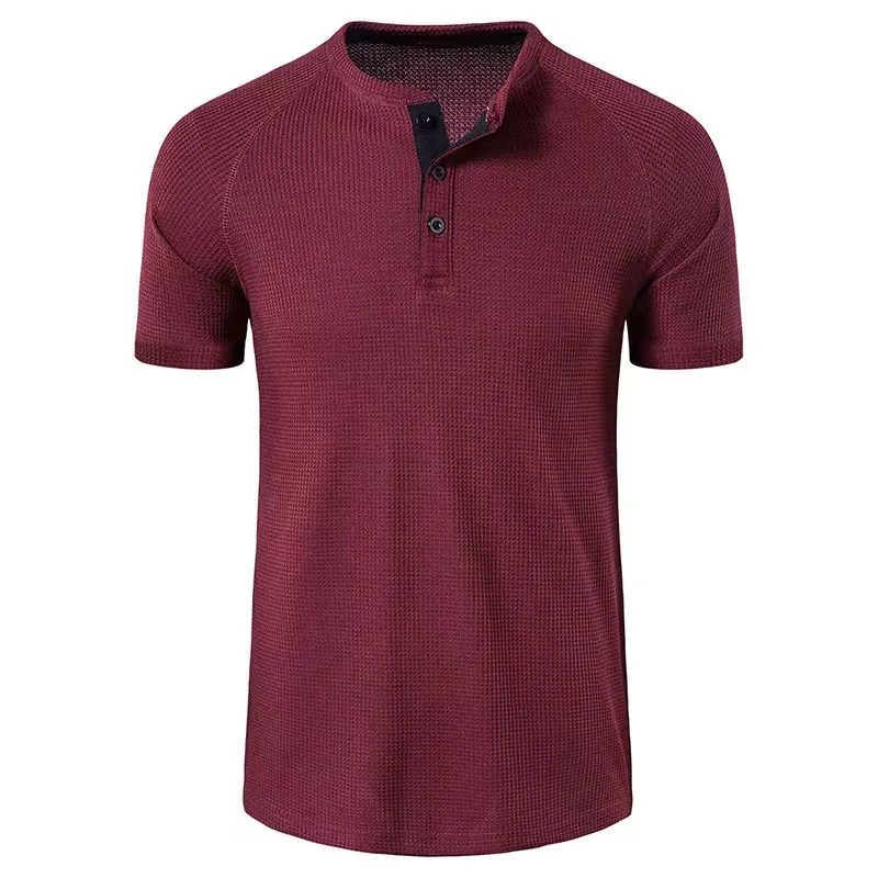 Men's Casual Waffle Knit Henley Shirt Short Sleeve Raglan Sleeve Solid Color Lightweight Breathable Patchwork Button Down Top