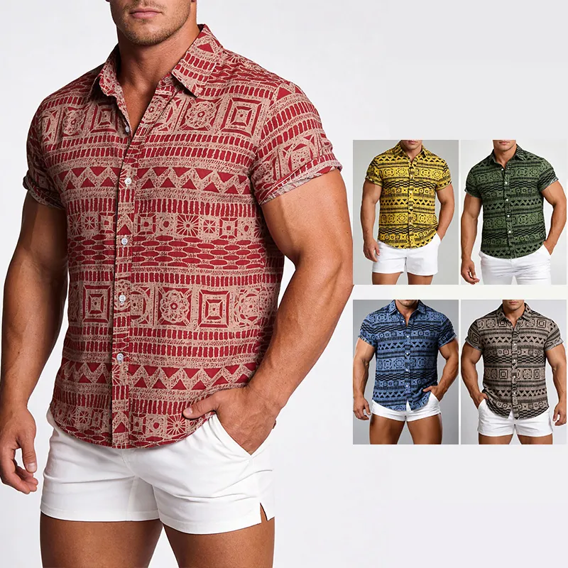 Heren Etnisch Geometrisch Totem Print Overhemd Korte Mouw Casual Zomer Retro Tribal Hawaiian Button Down Overhemd Grote Maat Strand Top
