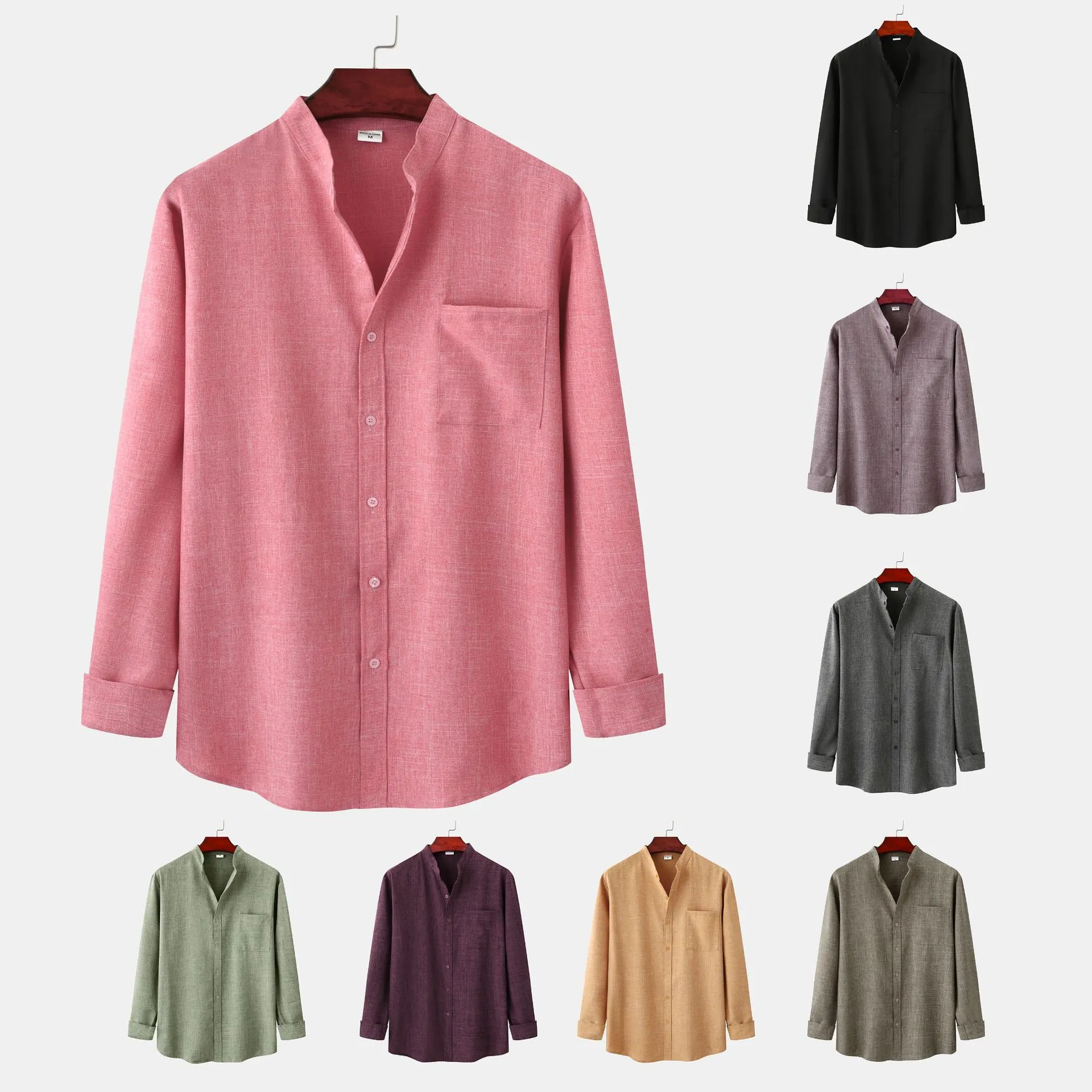 Men Casual Stand Collar Long Sleeve Shirt Cotton Blend Solid Color Slim Fit Linen Texture Top Breathable Comfortable Shirt