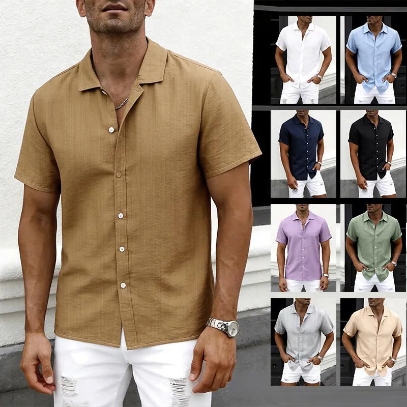 Heren Casual Shirt met Korte Mouwen Polyester Katoenmix Linnenlook Getextureerd Effen Kleur Reverskraag Single-Breasted Overhemd