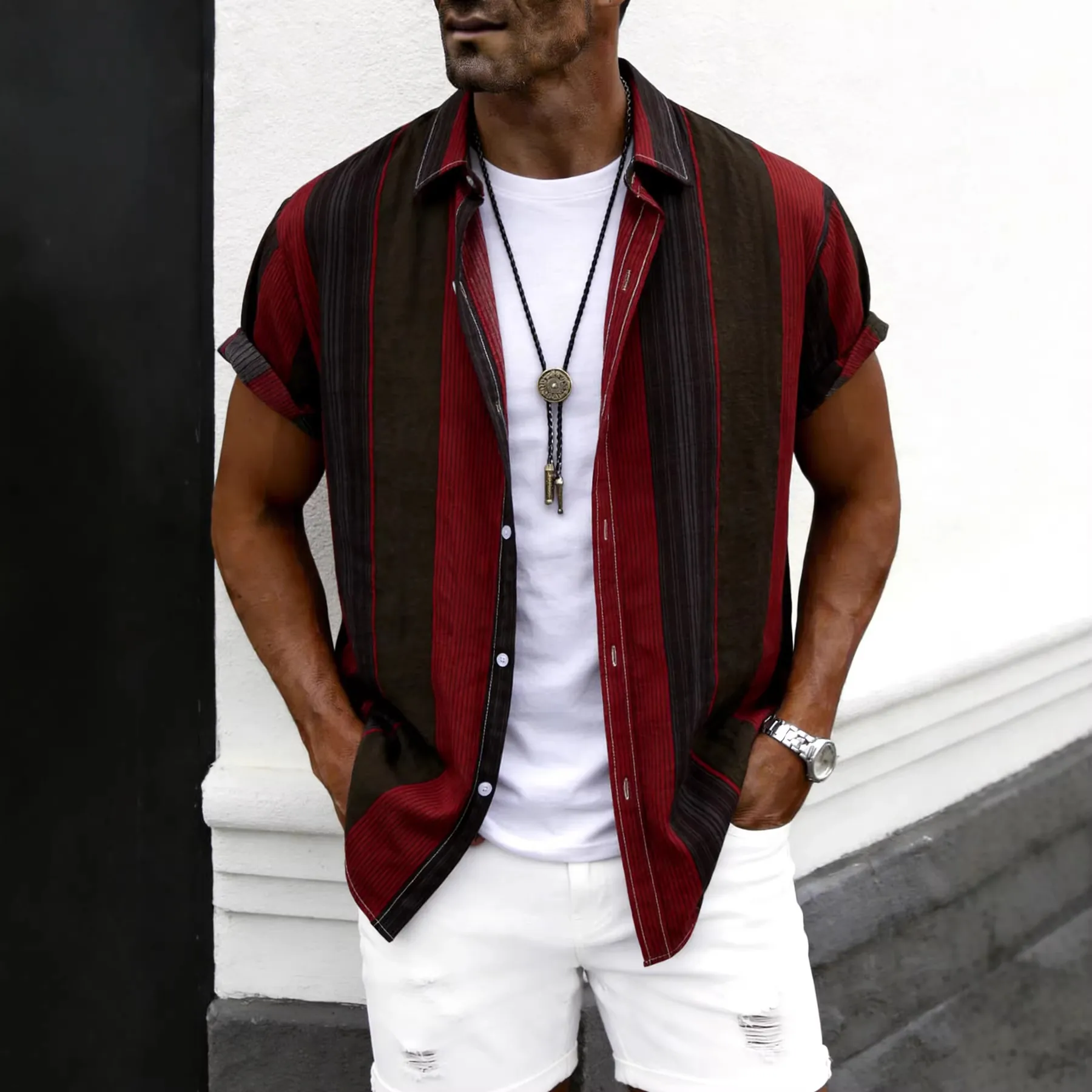 Chemise Décontractée en Coton à Rayures pour Hommes Mode Coupe Slim Revers Boutonné Imprimé Haut d'Été