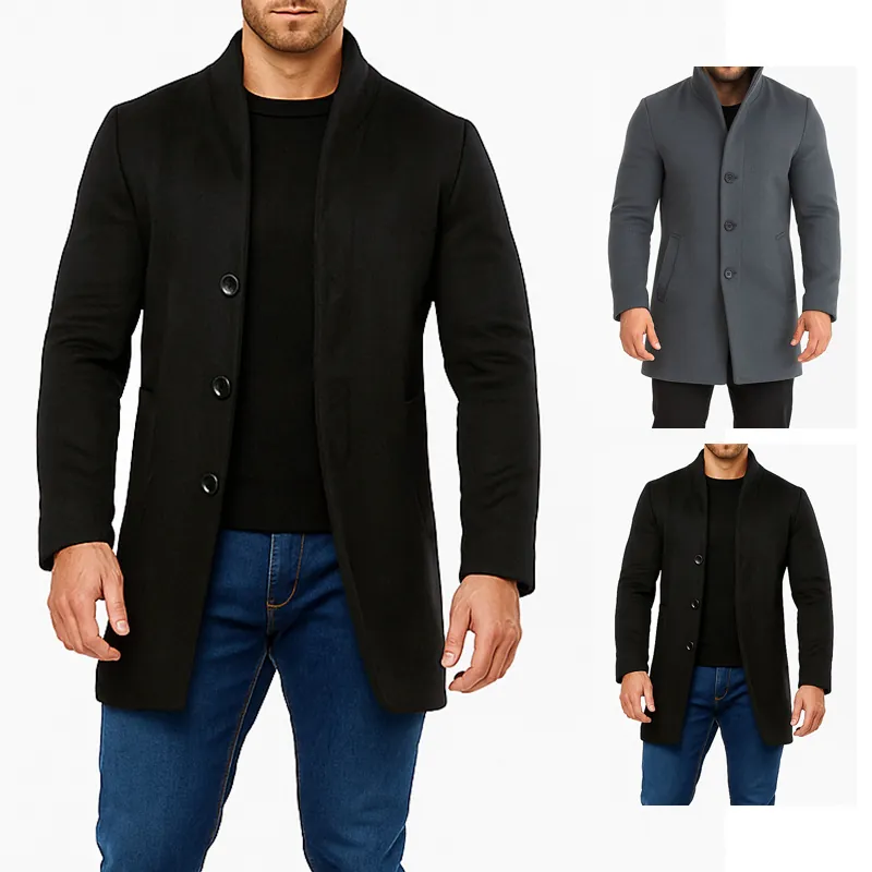 Abrigo de Lana de Longitud Media para Hombre Cuello Alto Color Sólido Engrosado Negocios Casual Ajuste Delgado Chaqueta Cortavientos para Otoño Invierno