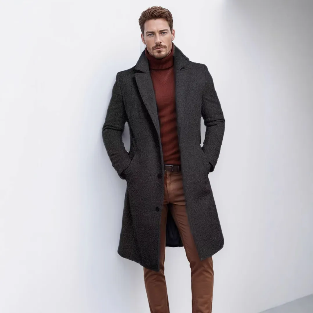 Men Mid-Length Woolen Overcoat British Style Single Breasted Thickened Warm Coat For Autumn Winter Business Casual Daily Wear