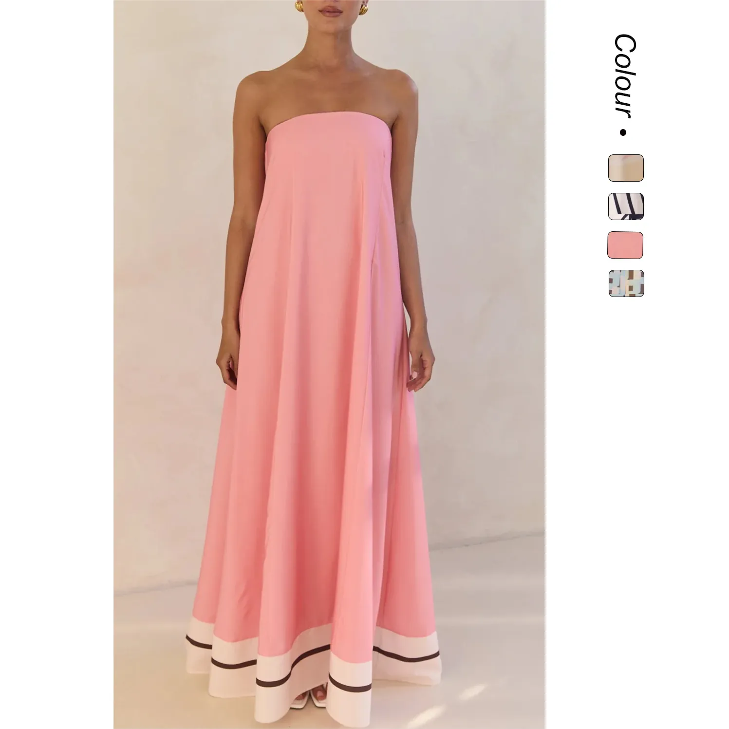 Women Sexy Strapless Off Shoulder Maxi Dress Floral Geometric Stripe Print Loose A-Line Summer Vacation Party Long Dress