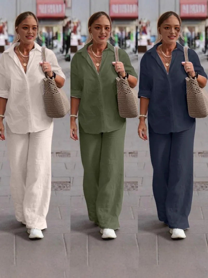 Damen Casual Baumwolle Leinen Top And Bottom Langarm Revers Hemd Und Weites Bein Hose Einfarbig Commuter Stil Komfort Set
