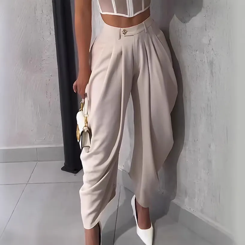 Women High Waist Tulip Pants Pleated Cropped Wide Leg Trousers Solid Color Urban Casual Ankle Length Bottom
