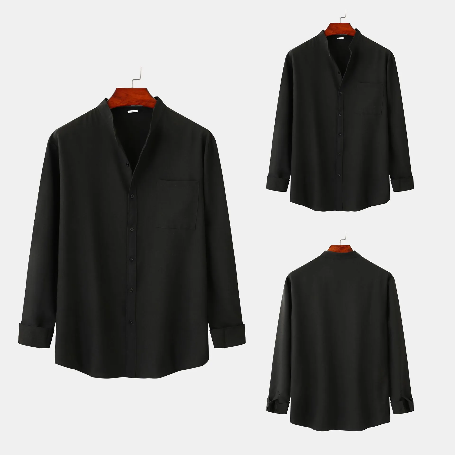 Chemise Décontractée en Coton Aspect Lin pour Hommes Couleur Unie Col Officier Manches Longues avec Poche Haut Casual