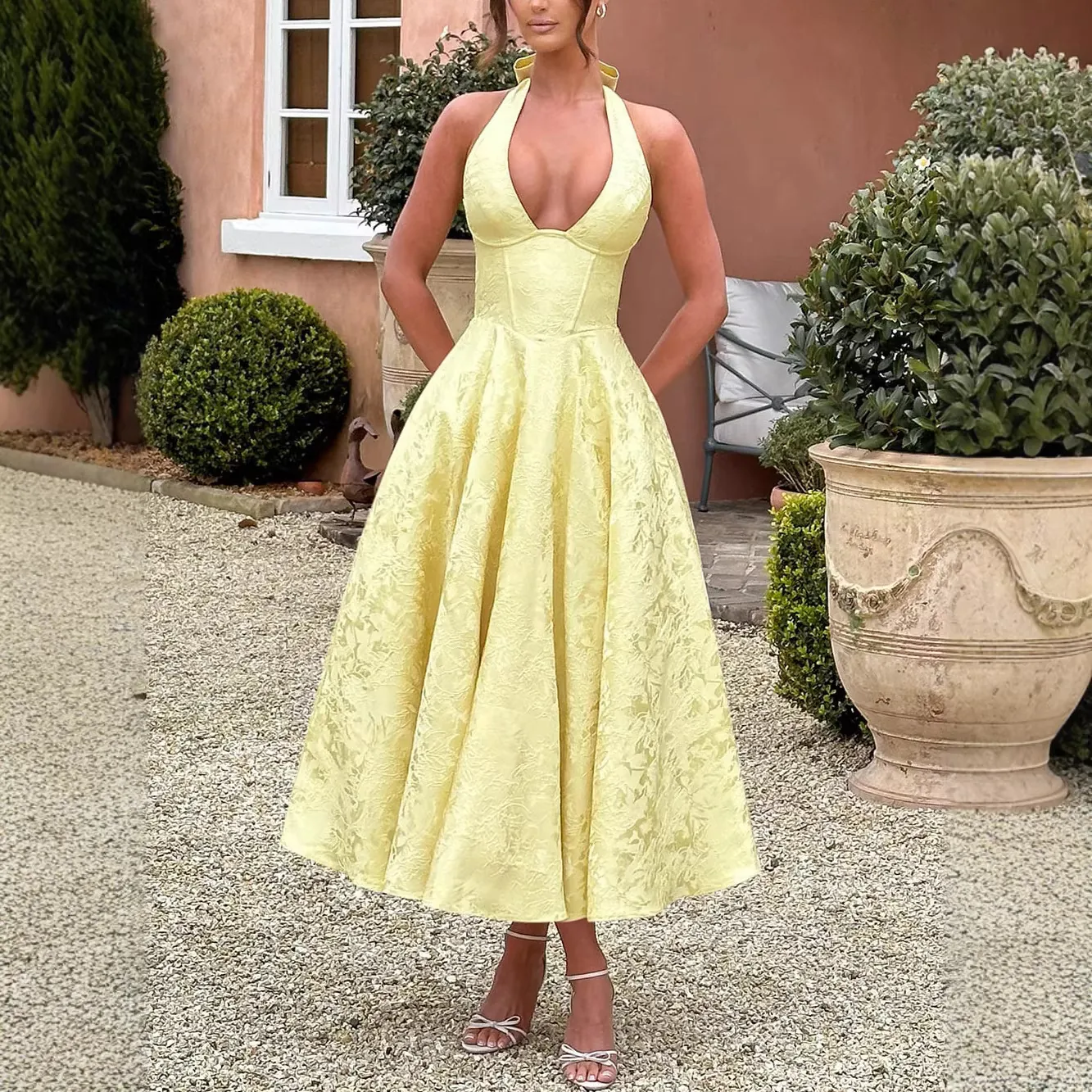 Women Halter Deep V-Neck Jacquard Maxi Dress Elegant Backless Slim Evening Party Dress A-Line Long Dress For Banquet