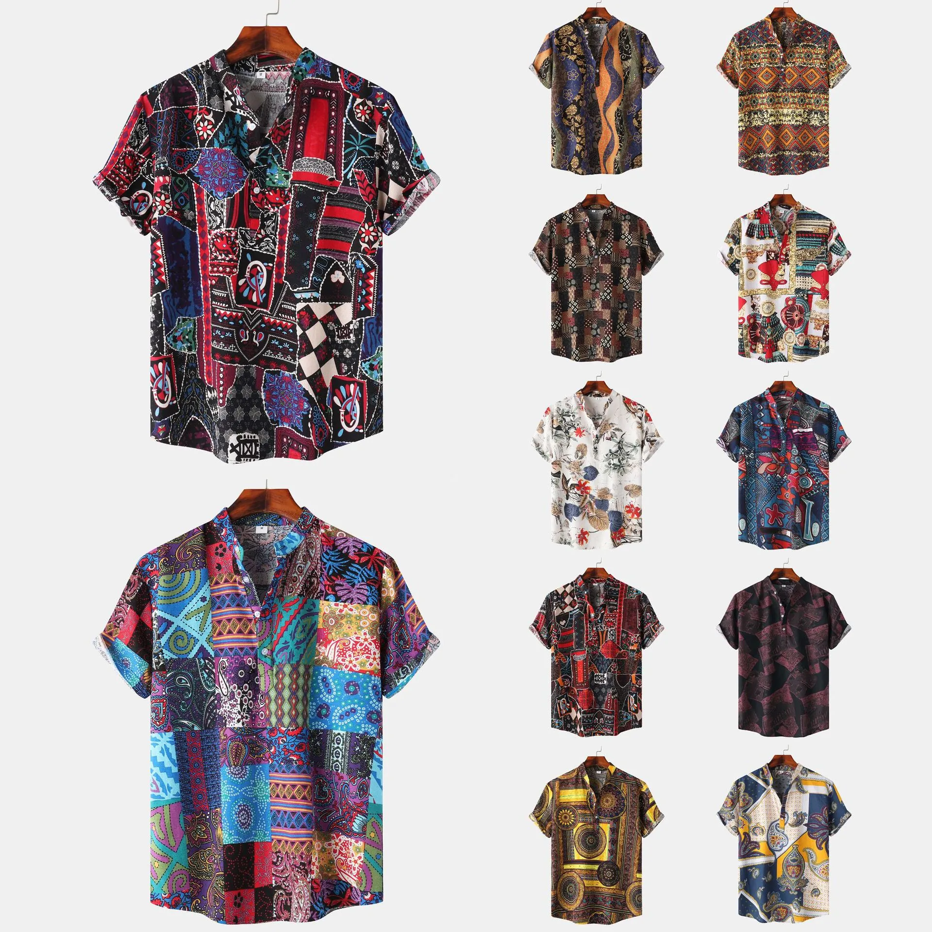 Men's Summer Hawaiian Shirt Casual Short Sleeve Top Linen Blend Ethnic Patchwork Print Loose Button Down Beach Shirt
