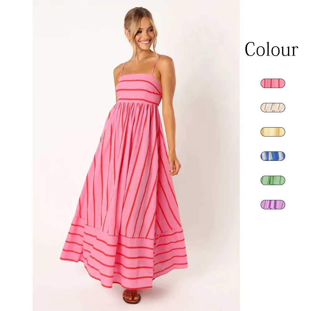 Women Striped Cami Maxi Dress Backless Flared Large Swing Vacation Dress Sleeveless Polyester Slim Fit Long Beach Sundress
