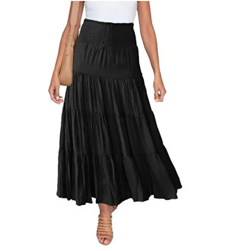 Damen Bohemian Hohe Taille Gestufter Maxirock Sommer Elastisch Gesmokt A-Linie Lässiger Langer Rock Einfarbig Urlaub Strand