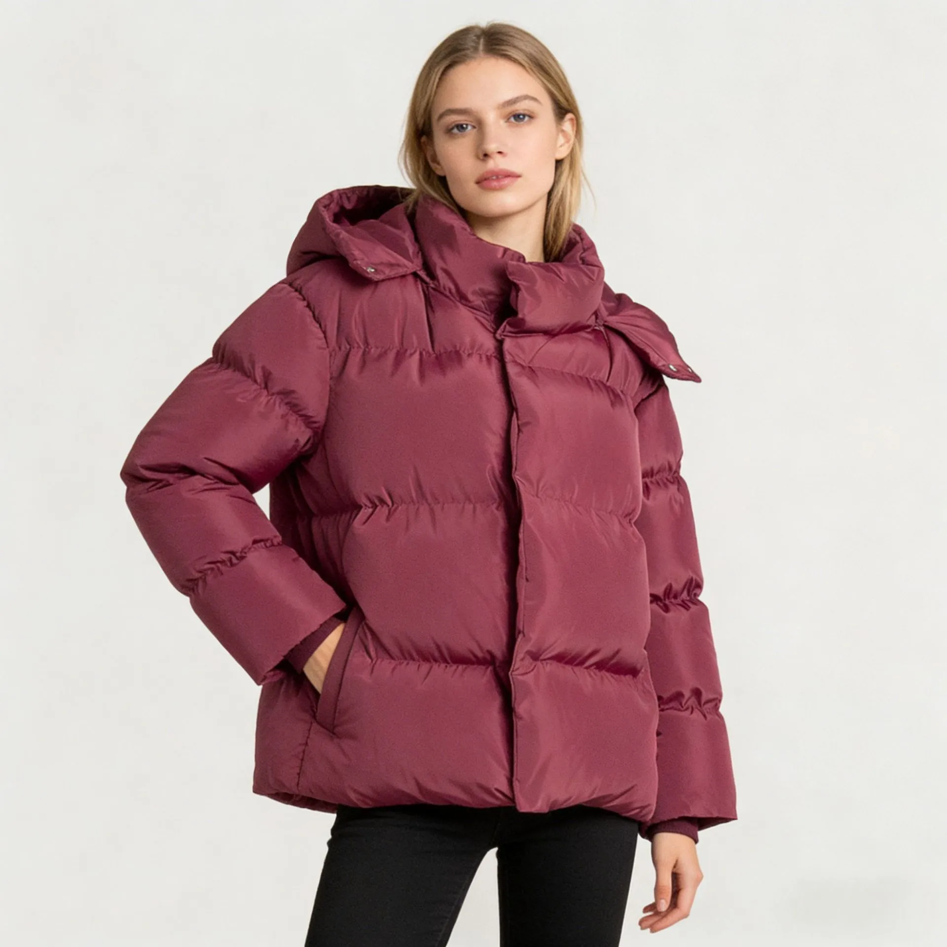 Doudoune Matelassée à Capuche Oversize pour Femme Hiver Couleur Unie Manches Longues Manteau Chaud en Coton avec Poches